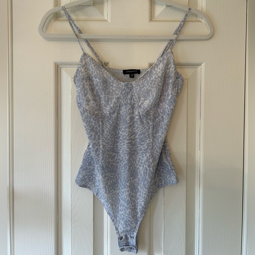 Dynamite Light Blue and White Animal Print Mesh Bodysuit